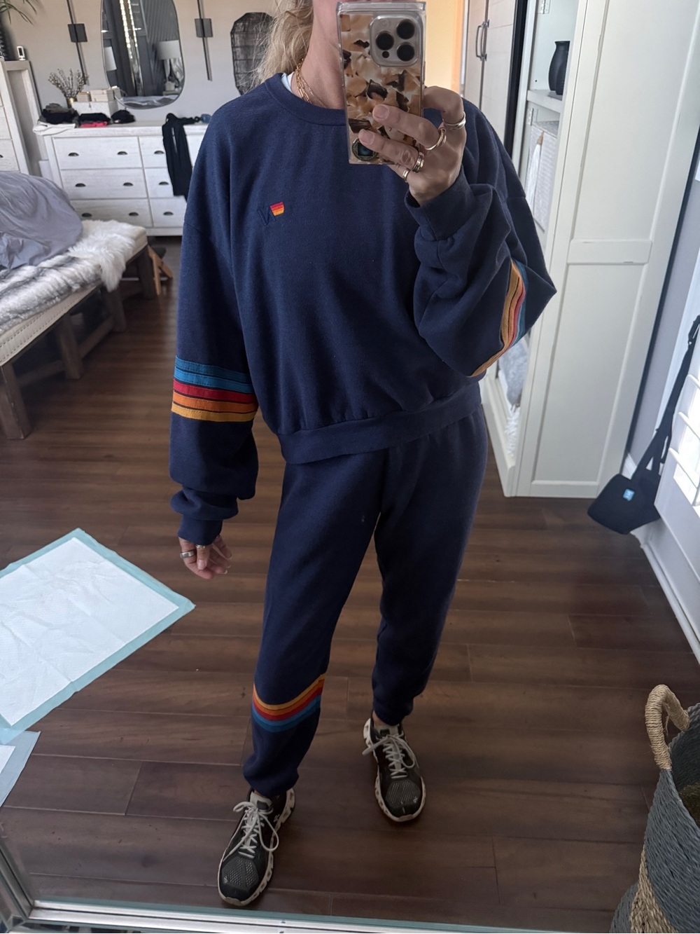 Aviator Nation Navy Jogger sweatshirt and pants with Rainbow Stripe